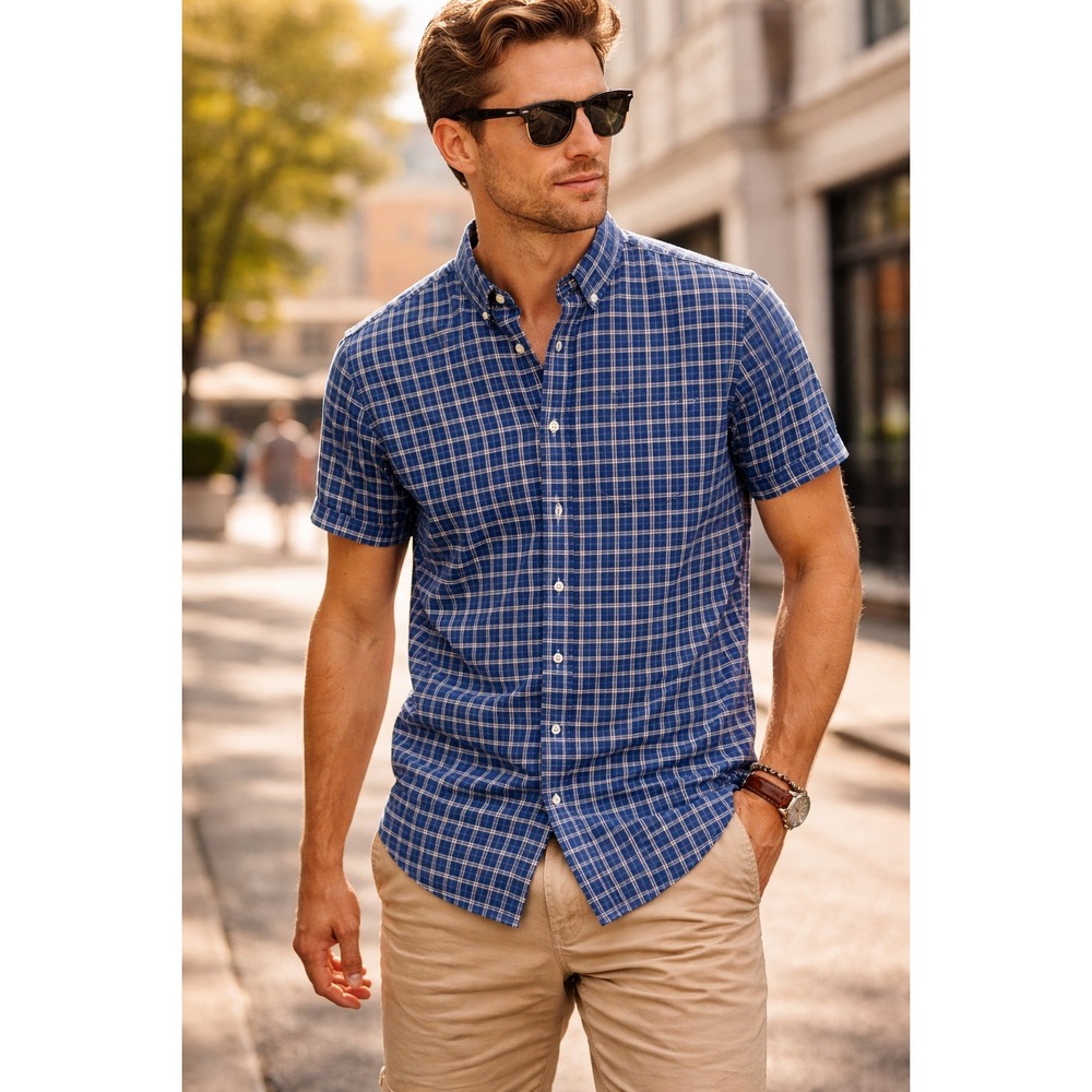 Ralph Lauren Denim & Supply Men's Medium Blue Plaid‎ Short Sleeve Button Down
